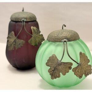 VTG Frosted Glass Pumpkin Table Decor Ornate Fall Holiday Art Nouveau 2 PC Folk